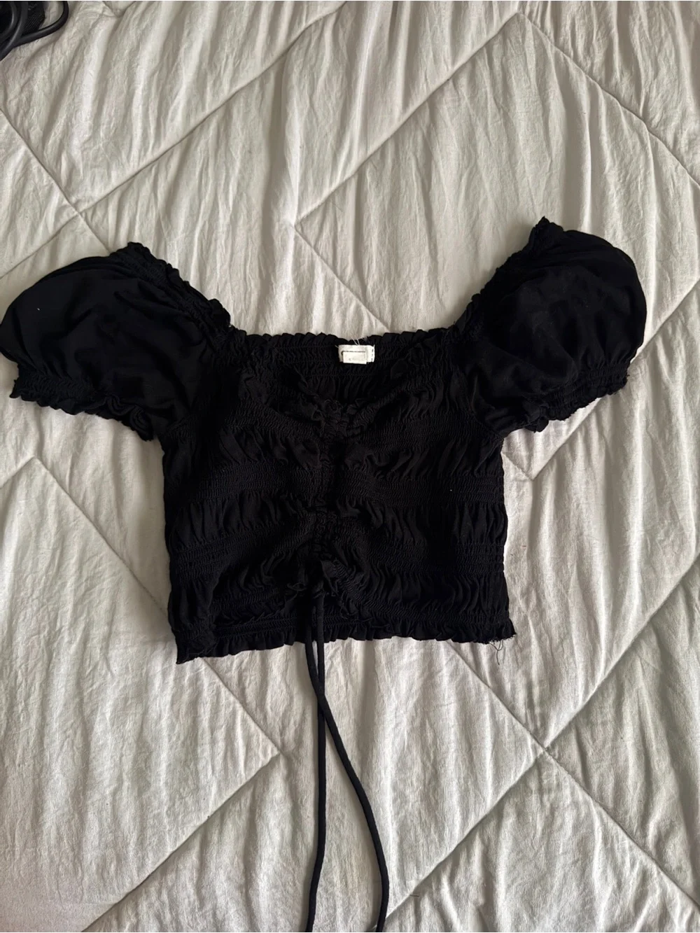 Garage Black Puff-Sleeve Smocked Crop Top with Drawstring